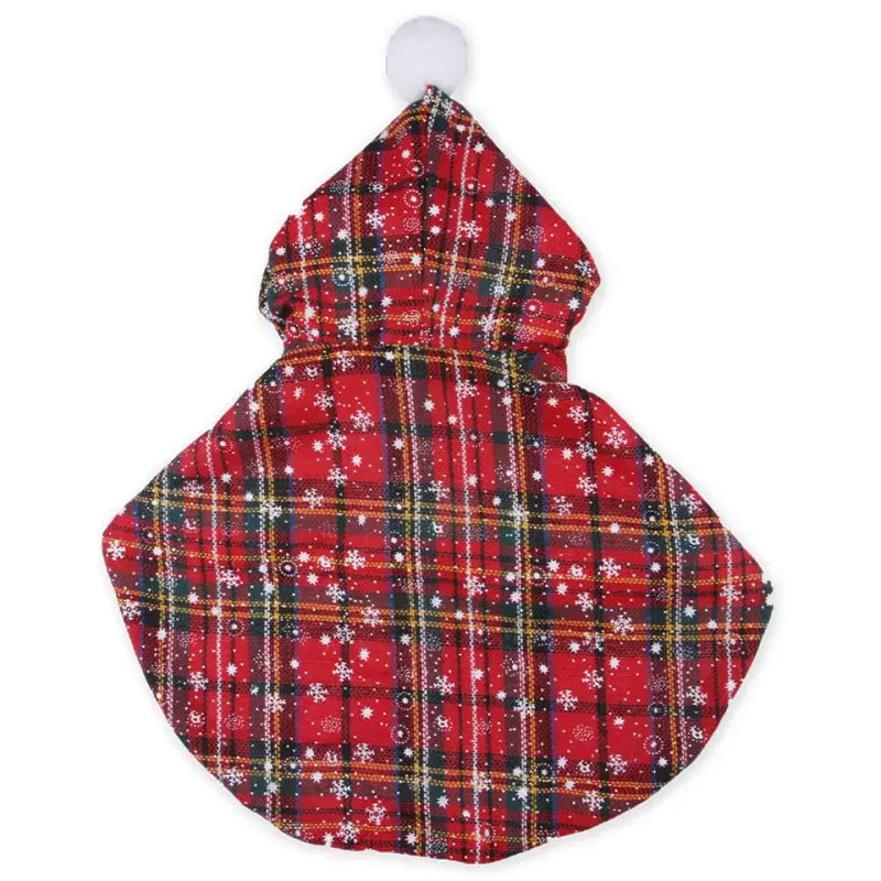 Manteau de chien à carreaux rouges avec des flocons de neige dans le costume de chat de Noël, photo de confort et de sécurité