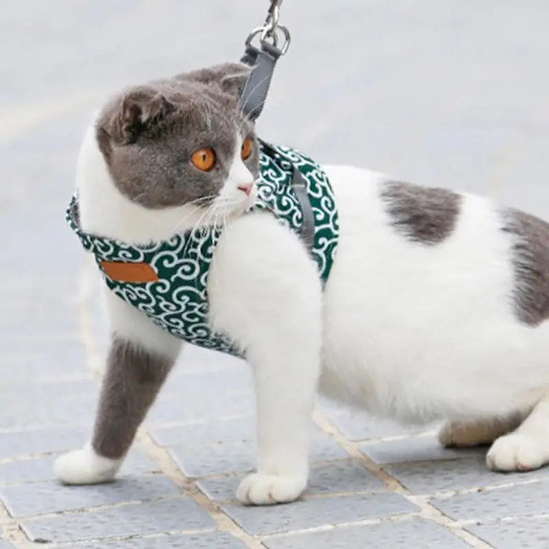 Chat portant un harnais floral vert et blanc, polyester et coton, motifs tendance