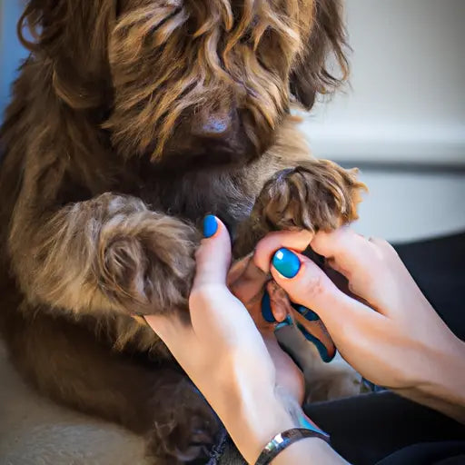 Personne caressant un chien à l’ongle bleu après une coupe réussie ; conseils dans le Guide ultime de la coupe.