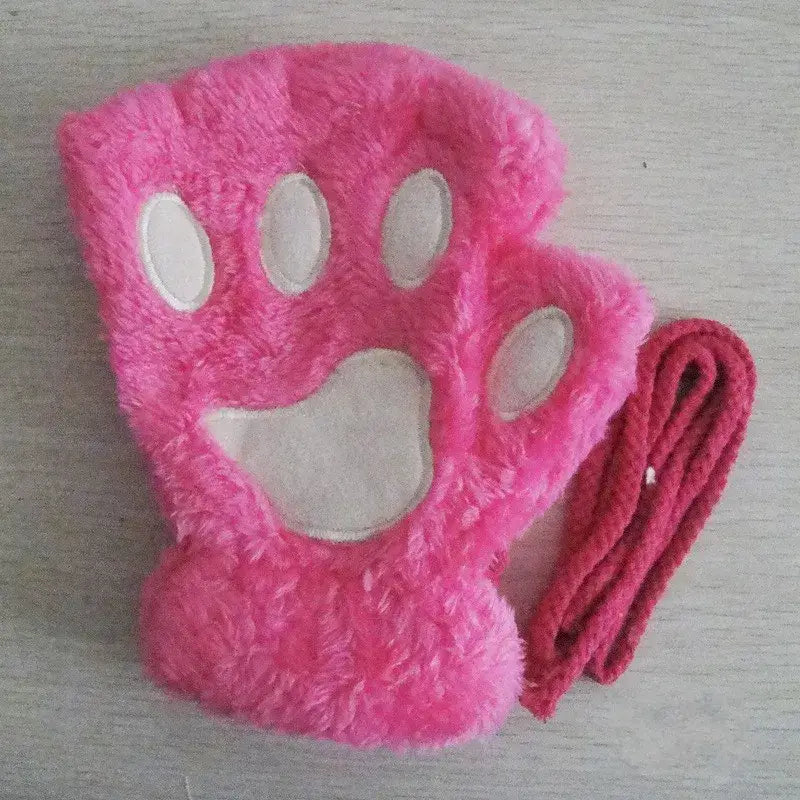 Gants en laine polaire - Poignets en fourrure rose avec pattes, gants douillets et doux pour l’hiver
