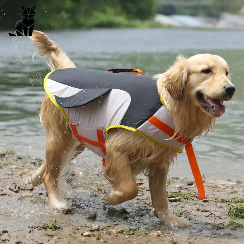 Chien portant un gilet de sauvetage anti-requins courant dans une rivière ; le design amusant améliore la flottabilité