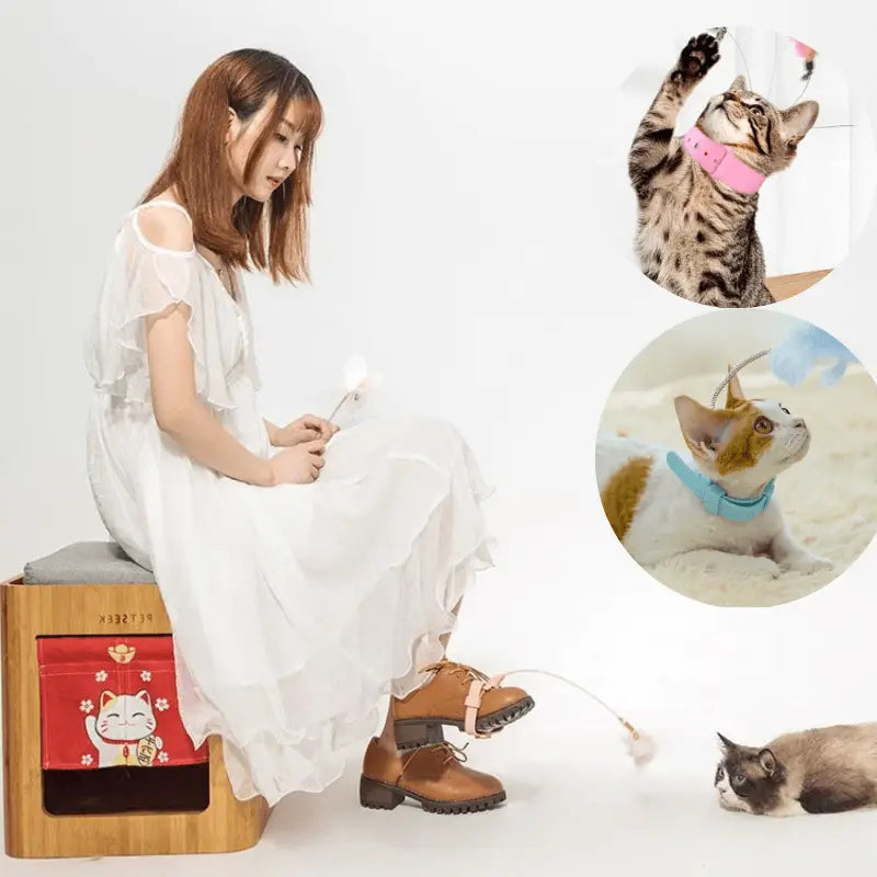 Femme assise sur un tabouret avec un chat, produit ’Jouer ensemble avec CatyPlume’