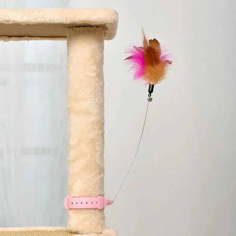 Un chat joue avec un jouet dans un arbre à chat - Jouer ensemble avec CatyPlume
