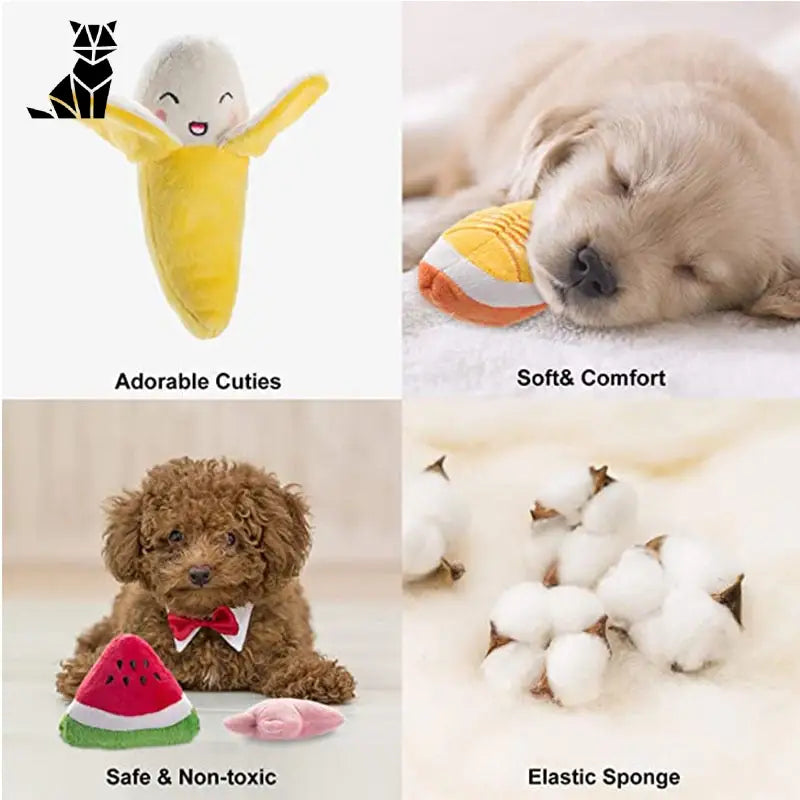 Jouet chien grinçant - peluche tournesol présentant quatre peluches différentes et leurs noms, jouet