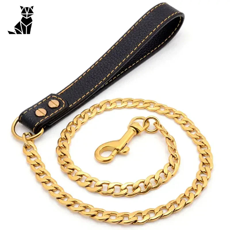 Laisse Golden Chaîne : Laisse en cuir noir, Dorée, Strong Acier - Accessoire parfait pour chien