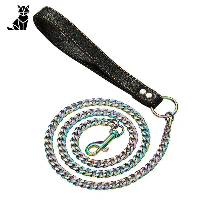 Laisse en chaîne dorée : Cuir noir, chaîne dorée arc-en-ciel, parfait pour les chiens élégants