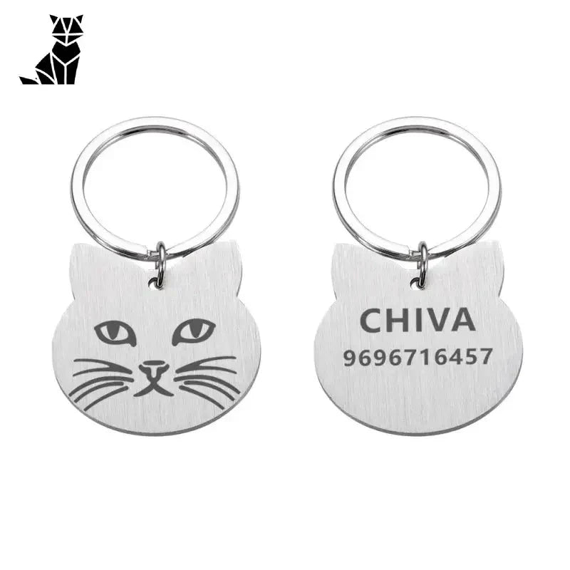 Porte-clés avec visage de chat et nom sur la médaille Clear Identity Medal en acier inoxydable