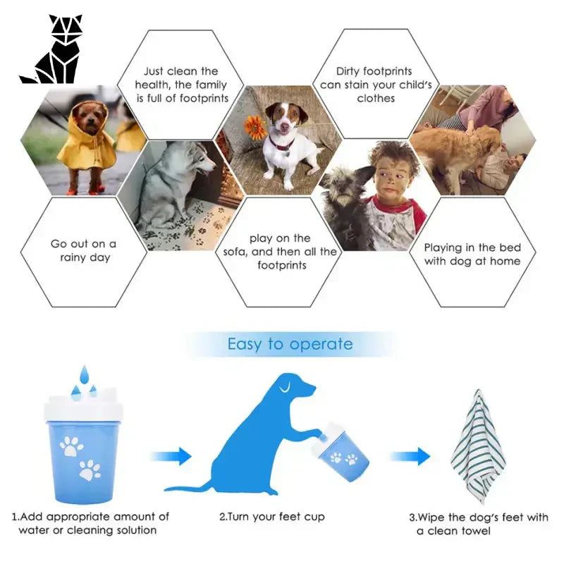 Nettoyeur de pattes de chien en silicone souple diagramme montrant les étapes de l’anatomie du chien