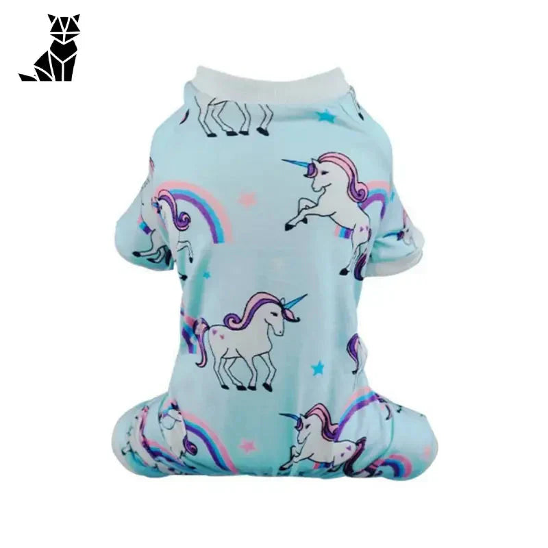 Chemise bleue pour chien avec motif licorne affichée dans Cotton Pajamas for Pets, Rompers for Dogs