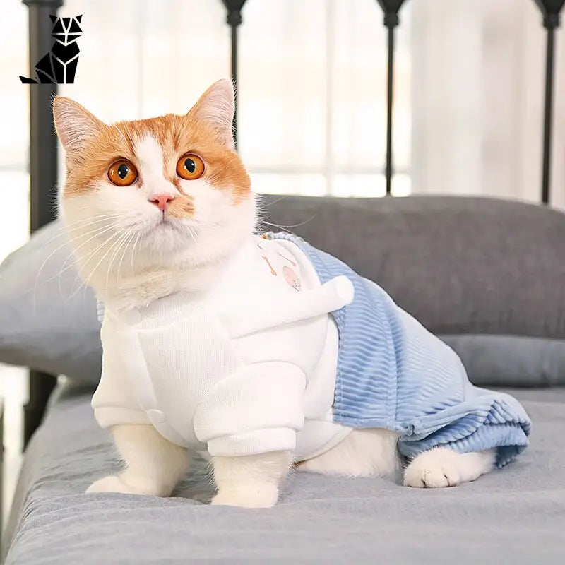 Chat portant un pull sur un lit - vêtements chauds pour chats durant les saisons froides