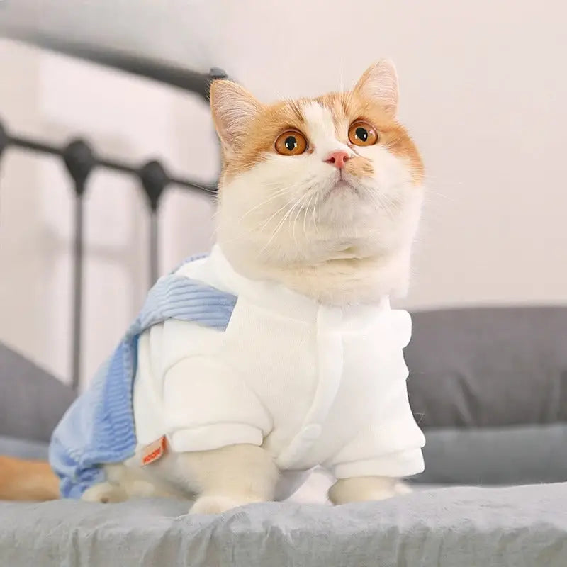 Chat portant des vêtements saisons froides, chemise blanche et bleue - Warm Clothes for Cats