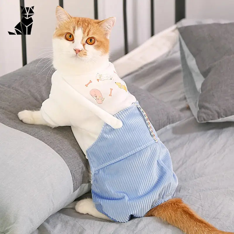 Chat portant des vêtements chauds saisons froides sur un lit